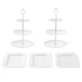 Juego de soporte de postre de 3 pisos y bandeja cuadrada blanca para fiesta y boda. - Soporte de 3 niveles redondo con relieve y varillas blancas (2 sets) y bandejas cuadradas con relieve blancas (3 unidades)