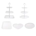 Style européen support de présentation de fruits à 3 étages plateau de gâteau en plastique blanc - Support carré gaufré et support rond gaufré tiges blanches (1 set chacun) et plateau carré (1 pièce), plateau cœur (1 pièce), plateau rond (1 pièce) blancs