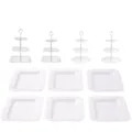Ensemble de supports à gâteaux en plastique blanc à 3 niveaux et assiettes à dessert. - Supports à 3 niveaux carrés gaufrés (2 sets) et supports ronds gaufrés (2 sets) tiges blanches et plateaux carrés gaufrés blancs (6 pièces)