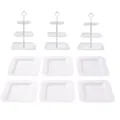 Support à gâteau carré à 3 niveaux et ensemble d'assiettes à dessert pour fête de mariage - Supports à 3 niveaux carrés gaufrés tiges blanches (3 sets) et plateaux carrés gaufrés blancs (6 pièces)