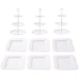 Support à Cupcake et Plateau en Plastique Blanc 3 Niveaux pour Fête et Mariage - 3 Ensembles de supports à 3 niveaux gaufrés ronds à tiges blanches et 6 plateaux carrés gaufrés blancs