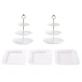 Support à gâteau à 3 étages style européen avec plateaux de service gaufrés blancs pour fête - 2 Ensembles de supports à 3 niveaux gaufrés ronds à tiges dorées et 3 plateaux carrés gaufrés blancs