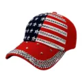 Detail view of a patriotic American flag baseball cap decorated with shiny silver rhinestones - Red