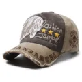 Vintage distressed baseball cap with Indian chief patch and embroidered Samon logo - 55-60cm / Bull Head Pattern / Khaki