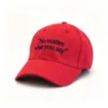 Detailansicht einer leuchtend roten Baumwoll-Baseballkappe mit gesticktem Schriftzug - Verstellbar / NO MATTER WHAT YOU SAY Bestickter Stil / Rot