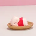 Cute pink pig figurine lying in a small wooden storage tray for cozy desk decoration - Pink (Pig Lying)