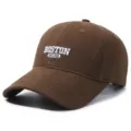 Detail view of brown cotton baseball cap with white Boston 1630 embroidery for large heads - 55-60cm Head Circumference / Coffee