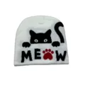 Modische weiße Strickmütze mit süßem schwarzen Katzenmuster und MEOW-Schriftzug-Design - Weiße Katze Meow Muster (12) / Weiß