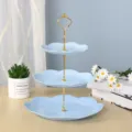 Support à cupcakes élégant à 3 niveaux en plastique bleu clair avec poignée dorée - Rond / Tige Dorée à 3 Niveaux / Bleu