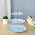 Élégant présentoir à desserts à 3 niveaux en plastique bleu clair et poignée argent - Rond / Tige Argentée à 3 Niveaux / Bleu
