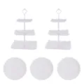 Ensemble de support à gâteau carré blanc à 3 niveaux avec assiettes rondes pour mariage. - Tiges blanches carrées à 3 niveaux (2 lots) + Plateaux ronds en dentelle blancs (3 pcs)