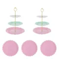 Présentoir à gâteaux européen à 3 niveaux plateau de fruits de mariage décoration set - 2 ensembles de présentoirs couronne à 3 niveaux avec tiges dorées tricolores et 3 plateaux ronds en dentelle roses