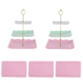 3-stöckige Kunststoff-Dessertständer und Tabletts Set für Hochzeits-Party Teeparty. - 2 Sets quadratische Etagere mit 3 Etagen in dreifarbigem Gold und 3 rosa Spitzentabletts