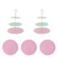 support à dessert en plastique à 3 niveaux et ensemble d'assiettes roses pour fête de thé - 2 lots de tiges dorées tricolores papillon à 3 niveaux et 3 plateaux ronds en dentelle