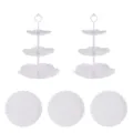 Support à Gâteau Blanc en Plastique 3 Niveaux Plateau de Dessert Européen Fête Mariage Fruit - Tiges blanches fleurs de cerisier à 3 niveaux (2 lots) + Plateaux ronds en dentelle blancs (3 pcs)