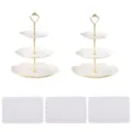 Europäischer 3-stöckiger Kunststoff-Dessertständer mit rechteckigen Platten für Party Hochzeit - Runde Etagere 3-stöckig mit goldenen Stangen (2 Sets) & weiße rechteckige Spitzentabletts (3 Stück)