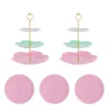 Présentoir de table à dessert à 3 niveaux style européen avec plateaux roses festonnés pour fêtes. - 2 lots de tiges dorées tricolores fleur de cerisier à 3 niveaux et 3 plateaux ronds en dentelle