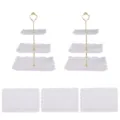 Europäischer 3-stöckiger Plastik Kuchentänder und Tabletts Set für Hochzeit Party. - Quadratische Etagere 3-stöckig mit goldenen Stangen (2 Sets) & weiße rechteckige Spitzentabletts (3 Stück)
