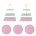 Présentoir à dessert en plastique style européen et assiettes rondes pour mariage thé. - 2 lots de tiges dorées tricolores carrées à 3 niveaux et 3 plateaux ronds en dentelle
