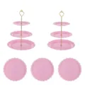 Plateau de fruits en plastique à 3 niveaux style européen présentoir à dessert rose - 2 Ensembles de supports couronne à 3 étages avec tiges dorées roses + 3 plateaux ronds en dentelle roses
