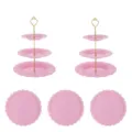 Ensemble de support à gâteau en plastique rose à 3 niveaux et plateau de dessert pour fête. - 2 Ensembles de supports cœur à 3 étages avec tiges dorées roses + 3 plateaux ronds en dentelle roses