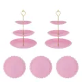 Style européen rose à 3 étages plateau de fruits de dessert en plastique pour le thé - 2 Ensembles de supports à rayures verticales à 3 étages avec tiges dorées roses + 3 plateaux ronds en dentelle roses