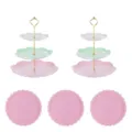 Support de Gâteau à 3 Niveaux Présentoir à Cupcake Assiette de Dessert Fête Mariage Rose - 2 lots de tiges dorées tricolores rondes à 3 niveaux et 3 plateaux ronds en dentelle