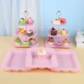 Présentoirs à gâteaux roses à 3 niveaux et plateaux à dessert rectangulaires pour mariages - Support Carré Gaufré Avec Plateau Carré En Dentelle / 2 Présentoirs À Étages Et 3 Plateaux / Rose