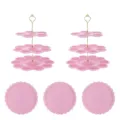 Ensemble de présentoirs à cupcakes et plateaux à dessert roses à 3 niveaux pour fêtes. - 2 lots de supports muffins roses à 3 étages avec tiges dorées et 3 plateaux ronds en dentelle rose