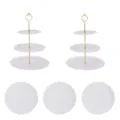 Support à Gâteau 3 Niveaux en Plastique Blanc Présentoir Dessert pour Fête Mariage - 2 lots de supports papillon à 3 étages avec tiges dorées et 3 plateaux ronds en dentelle blanche