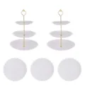 Présentoir à dessert en plastique 3 niveaux style européen assiette de fruits blanc - 2 lots de supports à rayures verticales à 3 étages avec tiges dorées et 3 plateaux ronds en dentelle blanche