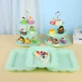 Présentoir à gâteaux vert menthe à 3 étages et plateau à dessert en dentelle pour mariages - Support rond gaufré avec plateau carré en dentelle / 2 Présentoirs À Étages Et 3 Plateaux / Vert menthe