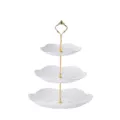 Soporte de exhibición de frutas y postres blanco de 3 niveles con asa dorada - Soporte para pasteles de 3 niveles pétalos, blanco con varilla dorada / Blanco