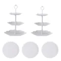Ensemble de support de dessert blanc à 3 niveaux plateau de présentation de mariage - 2 Ensembles de supports hexagonaux à 3 étages avec tiges blanches + 3 plateaux ronds en dentelle blancs