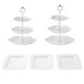 Juego de soporte de 3 niveles para tartas y platos cuadrados para fiesta de bodas. - 2 juegos de varillas de 3 niveles pétalo dorado + 3 bandejas cuadradas con relieve blancas