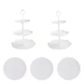 Présentoir à gâteau blanc à 3 niveaux style européen pour mariage et fête. - Tiges blanches rondes à 3 niveaux (2 lots) + Plateaux ronds en dentelle blancs (3 pcs)