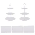Weißer 3-stöckiger Kuchenständer und Tablett Set, ideal für Desserttisch Display und Partys. - Etagere 3-stöckig mit vertikalen Streifen & weißen Stangen (2 Sets) & weiße rechteckige Spitzentabletts (3 Stück)