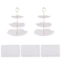 3-stöckiger weißer Blumen-Kuchenständer mit Goldstab und Platten für Dessert-Präsentation - Kirschblüten-Etagere 3-stöckig mit goldenen Stangen (2 Sets) & weiße rechteckige Spitzentabletts (3 Stück)