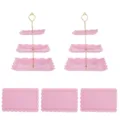 2 Sets quadratische Etagere mit 3 Etagen in Roségold und 3 rosa Spitzentabletts