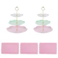 3-stöckige Cupcake Ständer und rechteckige Serviertabletts für Party Dessert Tisch - 2 Sets runde Etagere mit 3 Etagen in dreifarbigem Gold und 3 rosa Spitzentabletts