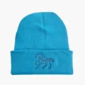 Detailansicht der blauen Pferde-Stickerei auf einer cyanfarbenen Strickmütze - Seegrün