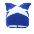 Blauer Strickbeanie aus Nerzimitat mit Katzenohren und einem weißen Sternmuster - Einheitsgröße / Saphirblau