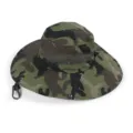 Detail view of camouflage sun hat featuring wide brim, mesh vents and chin strap - Adjustable / Green Camouflage
