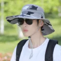 Grey camouflage wide brim outdoor fishing sun hat with adjustable chin strap for men - Adjustable / Grey Camouflage