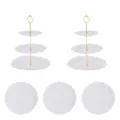 Présentoir à gâteaux européen à 3 niveaux support de fruits plateau de dessert blanc or - 2 lots de supports couronne à 3 étages avec tiges dorées et 3 plateaux ronds en dentelle blanche