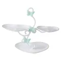 Detail view of the 3-tier ceramic heart dessert stand with cute mint green butterflies. - 3-Tier Large Heart White Plates with Gold Rim and Green Butterfly Rod