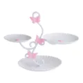 White 3-tier dessert stand with pink butterfly decorations for parties and afternoon tea display. - 3-Tier Fluted White Trays with Pink Butterfly Rod