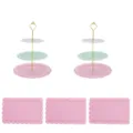 Europäischer Kunststoff 3-stöckiger Kuchenständer und Tablett Set für Dessert Party. - 2 Sets Schmetterlings-Etagere mit 3 Etagen in dreifarbigem Gold und 3 rosa Spitzentabletts