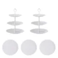 Support à gâteau blanc européen à 3 étages et ensemble d'assiettes pour mariage. - Tiges blanches à pois à 3 niveaux (2 lots) + Plateaux ronds en dentelle blancs (3 pcs)