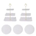 Support à gâteau européen à 3 niveaux et assiettes rondes pour table de dessert et fête. - 2 ensembles de présentoirs carrés à 3 niveaux avec tige dorée et 3 plateaux ronds en dentelle blancs